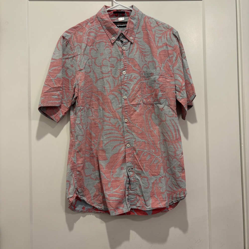 Reyn Spooner Mens Medium Pink Blue Floral Cotton Short Sleeve Button Down Shirt